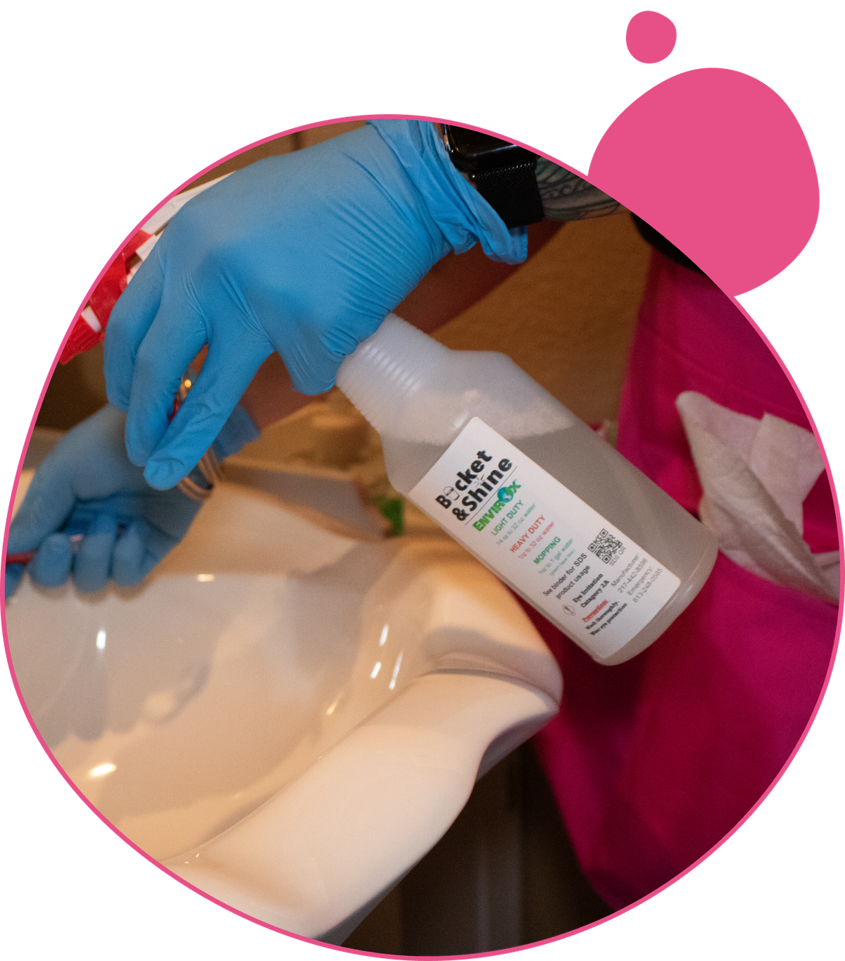 Bucket & Shine cleaner using eco-friendly EnvirOx cleaner on a bathroom sink in Thornton, CO